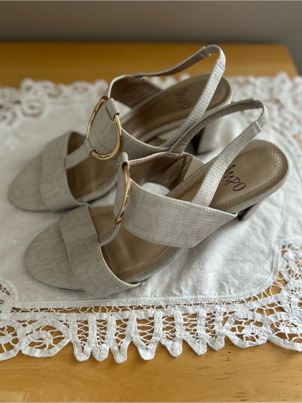 Impo Cream Slingback Heels with Gold Buckle